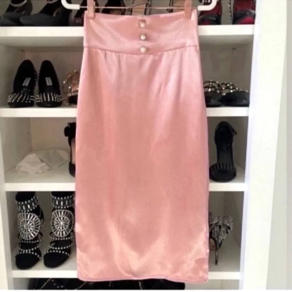 Zipper Back Button Detail Wide Waistband Split Hem Satin Skirt Size XS